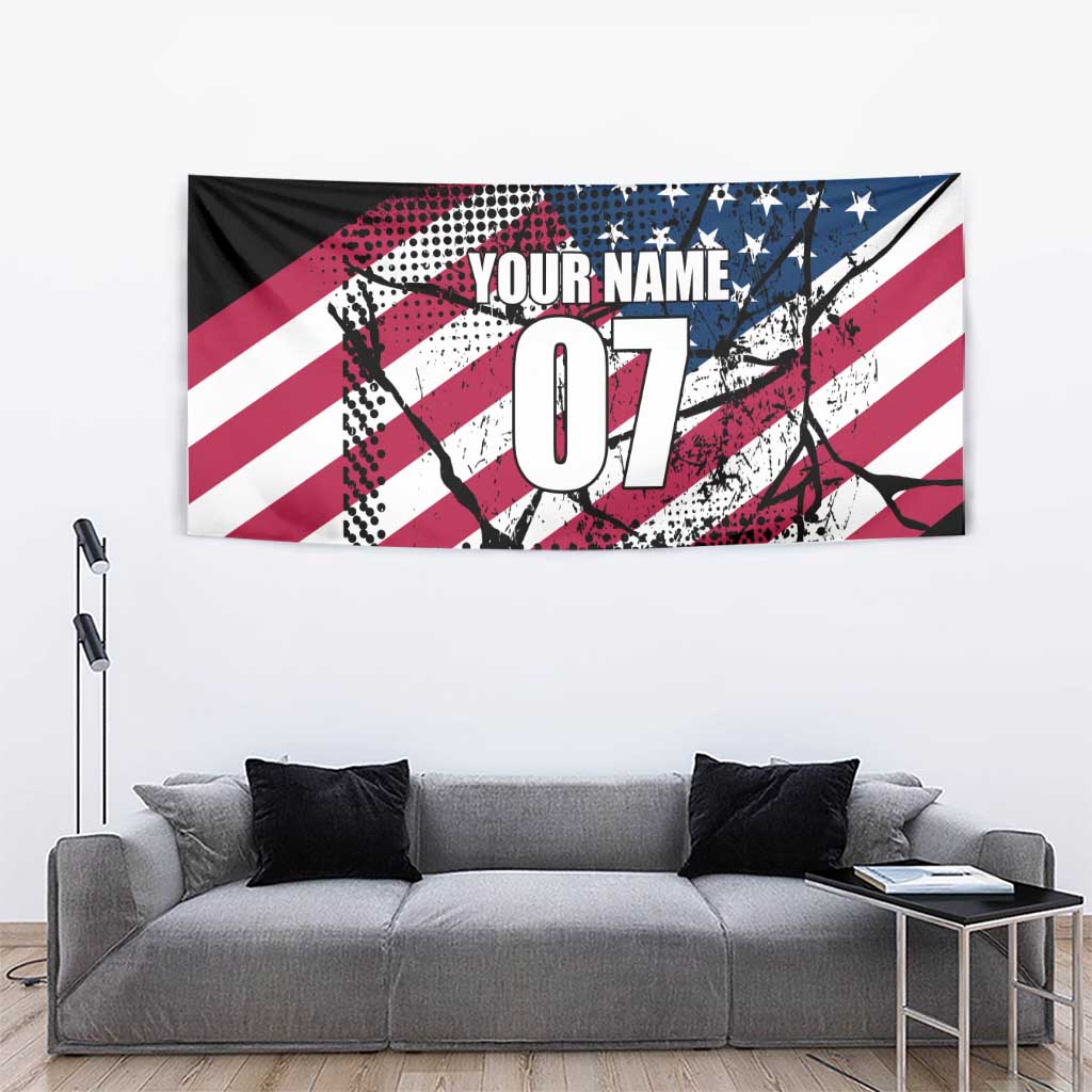 Motocross Rider Tapestry with American Flag Grunge Pattern and Custom Name Number - Wonder Print Shop