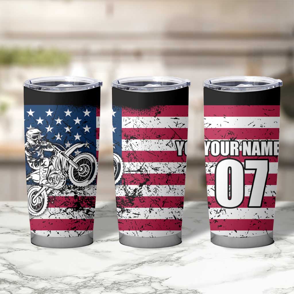 Motocross Rider Tumbler Cup with American Flag Grunge Pattern and Custom Name Number - Wonder Print Shop