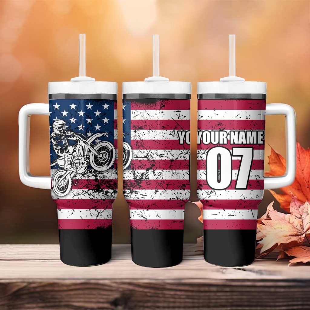 Motocross Rider Tumbler With Handle with American Flag Grunge Pattern and Custom Name Number - Wonder Print Shop