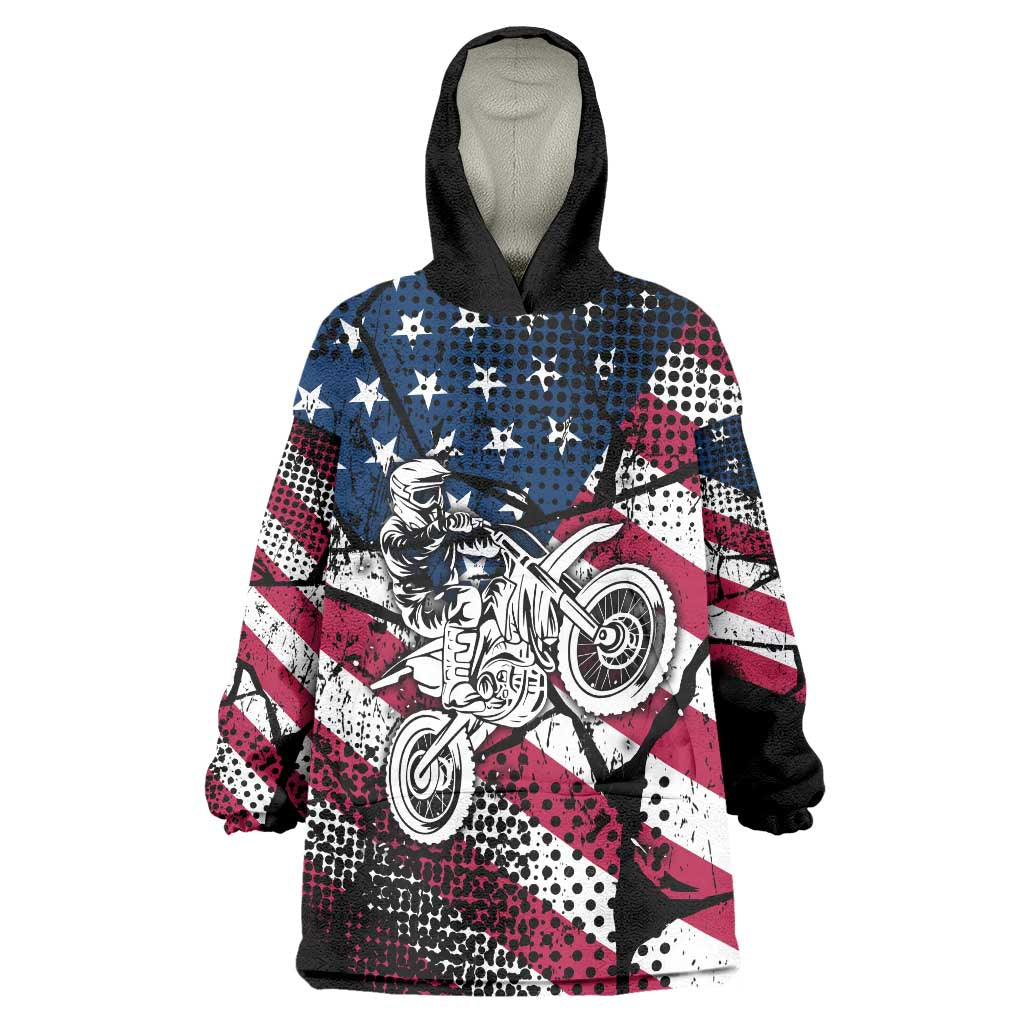 Motocross Rider Wearable Blanket Hoodie with American Flag Grunge Pattern and Custom Name Number - Wonder Print Shop