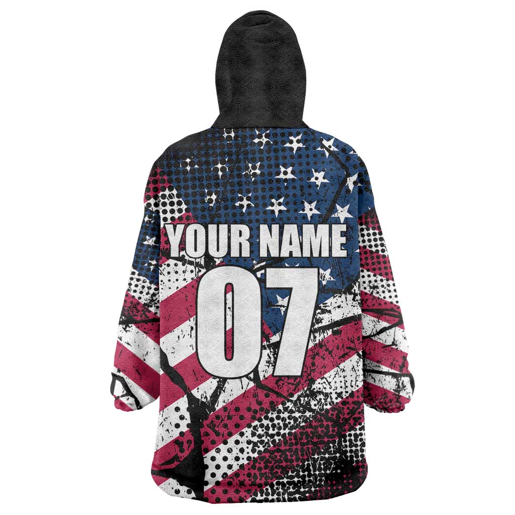 Motocross Rider Wearable Blanket Hoodie with American Flag Grunge Pattern and Custom Name Number - Wonder Print Shop