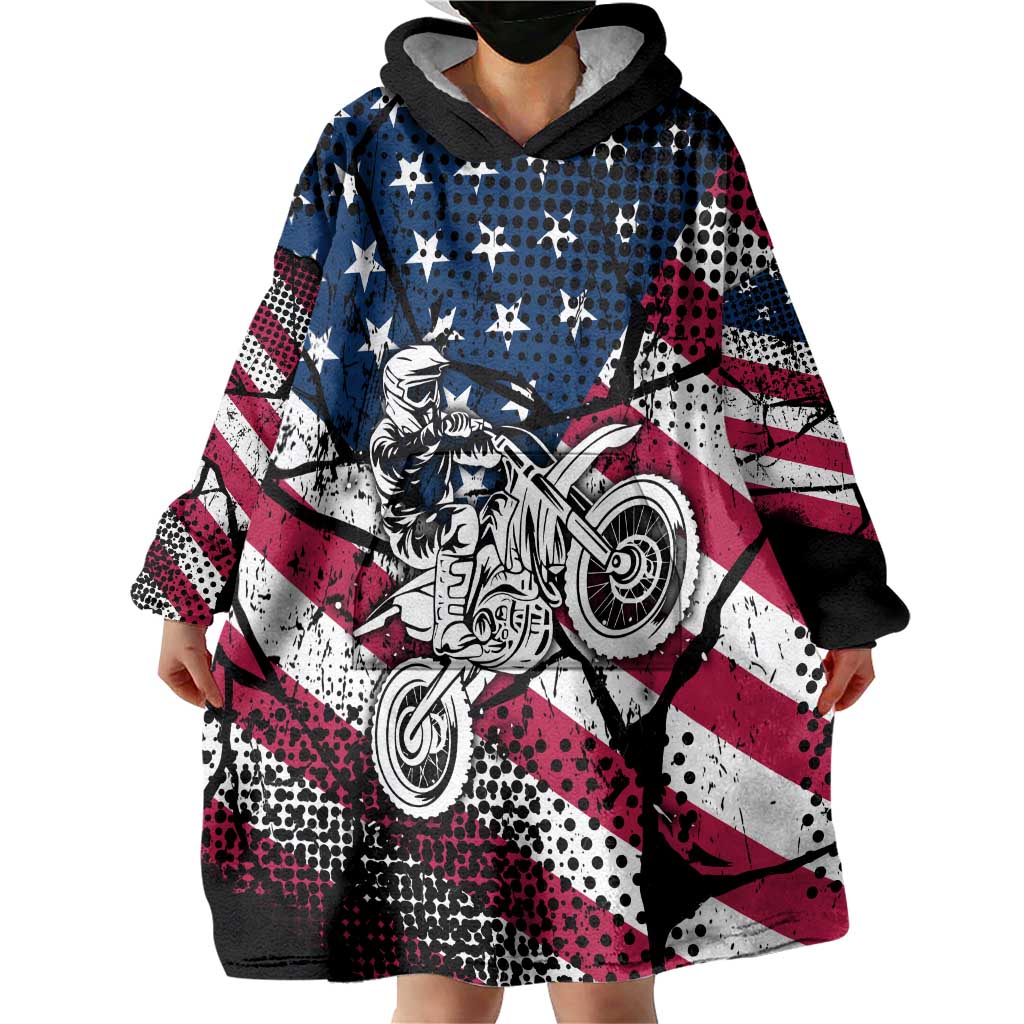 Motocross Rider Wearable Blanket Hoodie with American Flag Grunge Pattern and Custom Name Number - Wonder Print Shop