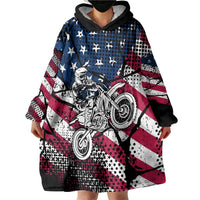 Motocross Rider Wearable Blanket Hoodie with American Flag Grunge Pattern and Custom Name Number - Wonder Print Shop