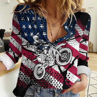 Motocross Rider Women Casual Shirt with American Flag Grunge Pattern and Custom Name Number - Wonder Print Shop