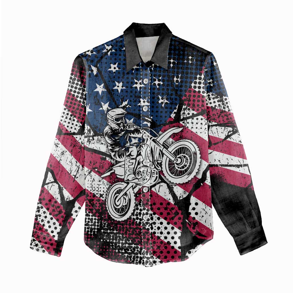 Motocross Rider Women Casual Shirt with American Flag Grunge Pattern and Custom Name Number - Wonder Print Shop