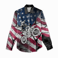 Motocross Rider Women Casual Shirt with American Flag Grunge Pattern and Custom Name Number - Wonder Print Shop