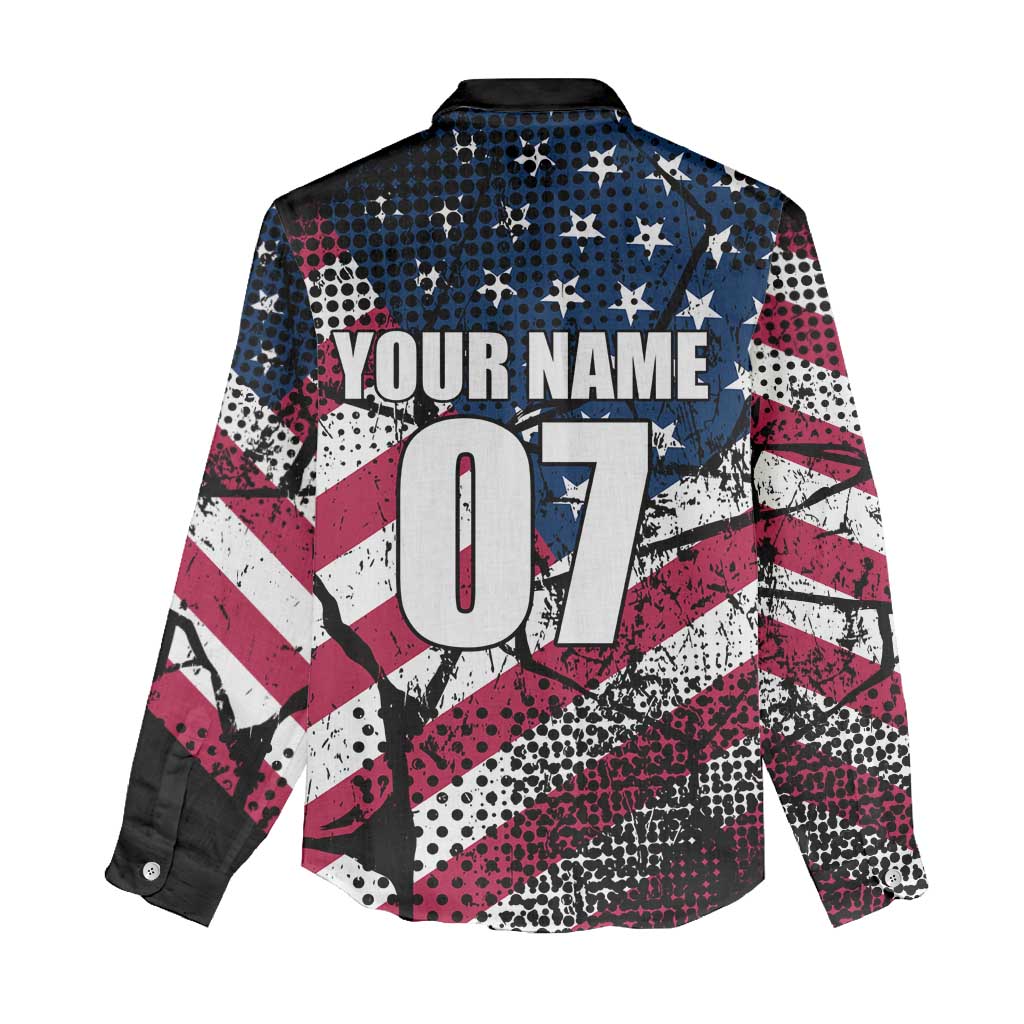 Motocross Rider Women Casual Shirt with American Flag Grunge Pattern and Custom Name Number - Wonder Print Shop