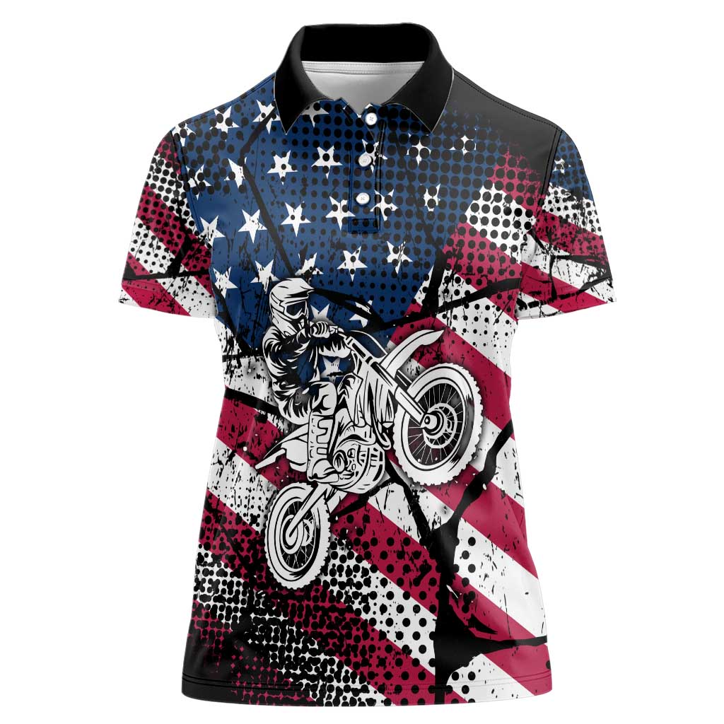 Motocross Rider Women Polo Shirt with American Flag Grunge Pattern and Custom Name Number - Wonder Print Shop