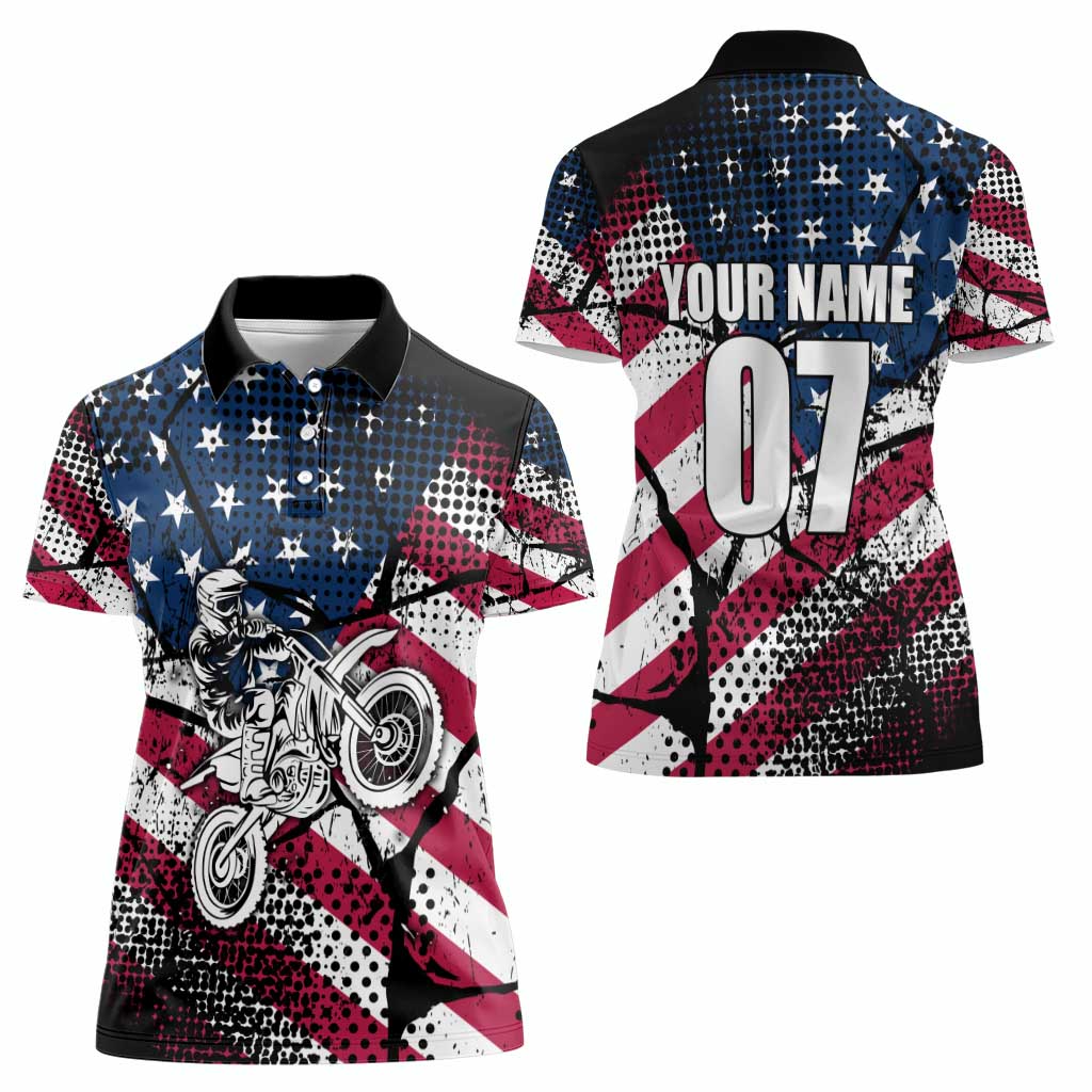 Motocross Rider Women Polo Shirt with American Flag Grunge Pattern and Custom Name Number - Wonder Print Shop