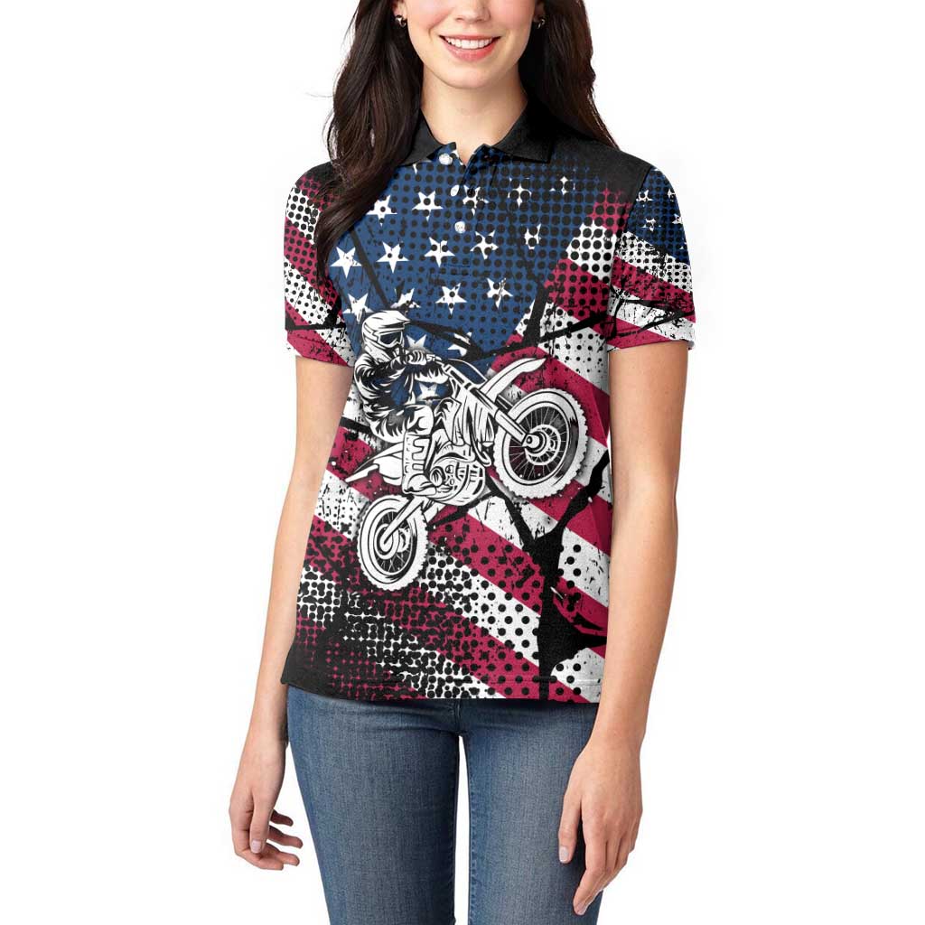 Motocross Rider Women Polo Shirt with American Flag Grunge Pattern and Custom Name Number - Wonder Print Shop