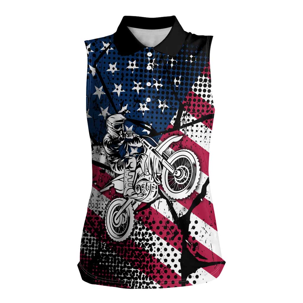 Motocross Rider Women Sleeveless Polo Shirt with American Flag Grunge Pattern and Custom Name Number - Wonder Print Shop