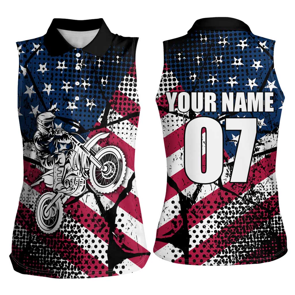 Motocross Rider Women Sleeveless Polo Shirt with American Flag Grunge Pattern and Custom Name Number - Wonder Print Shop