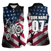 Motocross Rider Women Sleeveless Polo Shirt with American Flag Grunge Pattern and Custom Name Number - Wonder Print Shop