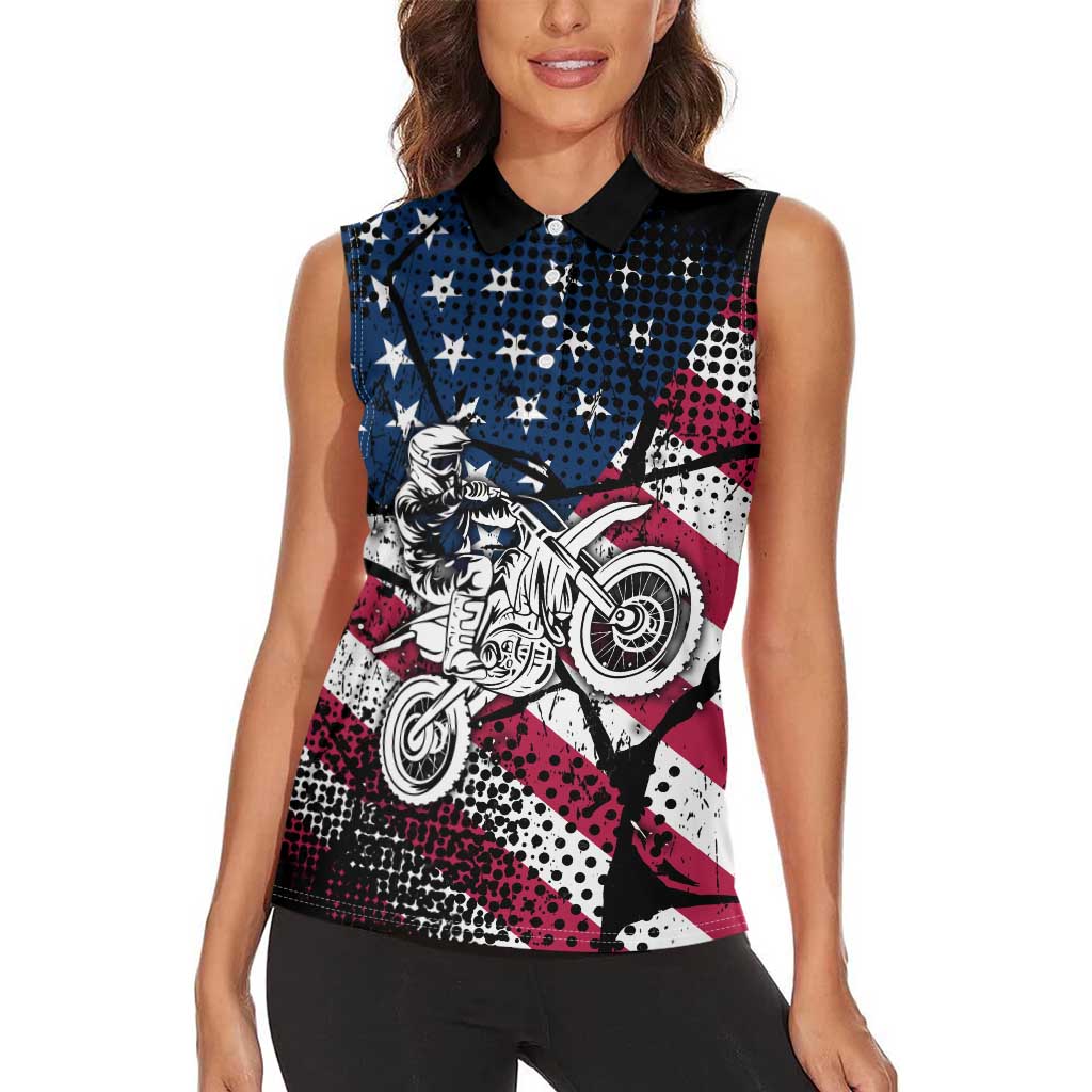 Motocross Rider Women Sleeveless Polo Shirt with American Flag Grunge Pattern and Custom Name Number - Wonder Print Shop