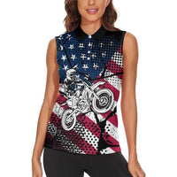 Motocross Rider Women Sleeveless Polo Shirt with American Flag Grunge Pattern and Custom Name Number - Wonder Print Shop