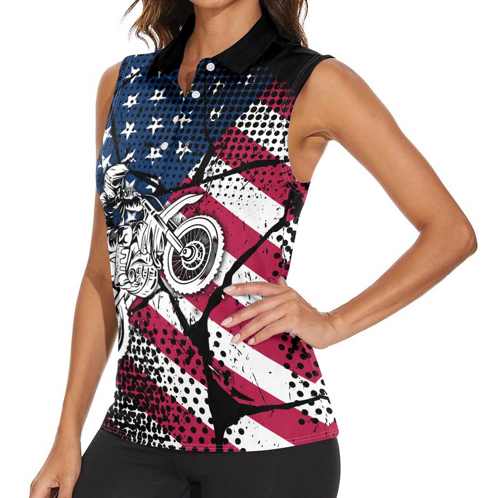 Motocross Rider Women Sleeveless Polo Shirt with American Flag Grunge Pattern and Custom Name Number - Wonder Print Shop