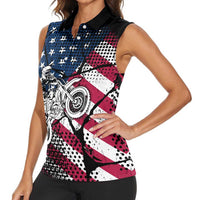 Motocross Rider Women Sleeveless Polo Shirt with American Flag Grunge Pattern and Custom Name Number - Wonder Print Shop