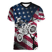 Motocross Rider Women V-Neck T-Shirt with American Flag Grunge Pattern and Custom Name Number - Wonder Print Shop