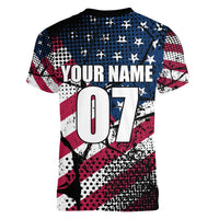Motocross Rider Women V-Neck T-Shirt with American Flag Grunge Pattern and Custom Name Number - Wonder Print Shop