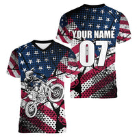 Motocross Rider Women V-Neck T-Shirt with American Flag Grunge Pattern and Custom Name Number - Wonder Print Shop