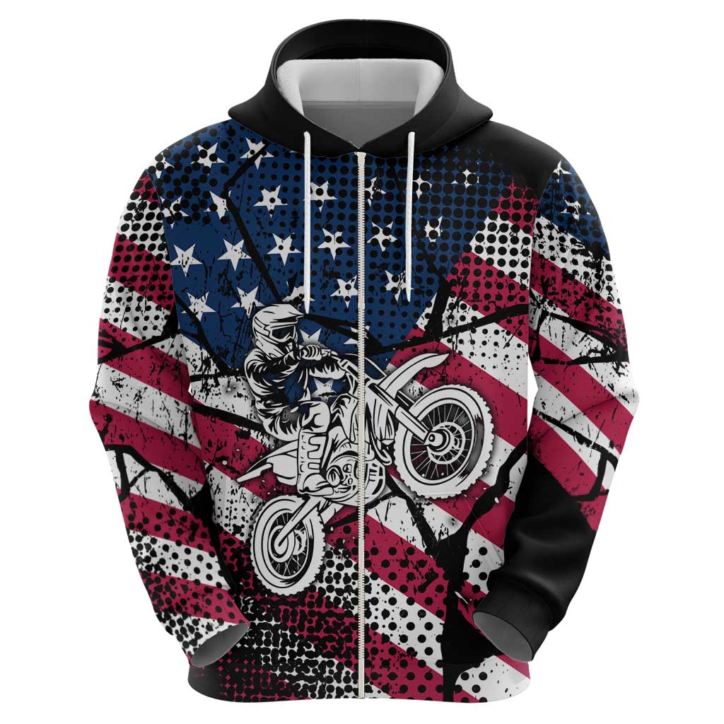 Motocross Rider Zip Hoodie with American Flag Grunge Pattern and Custom Name Number - Wonder Print Shop