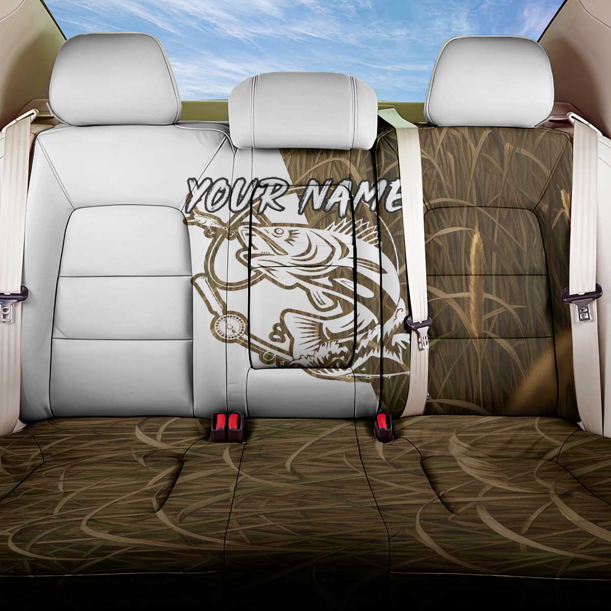 Walleye Fishing Back Car Seat Cover with Reeds Background and Custom Name Design - Wonder Print Shop