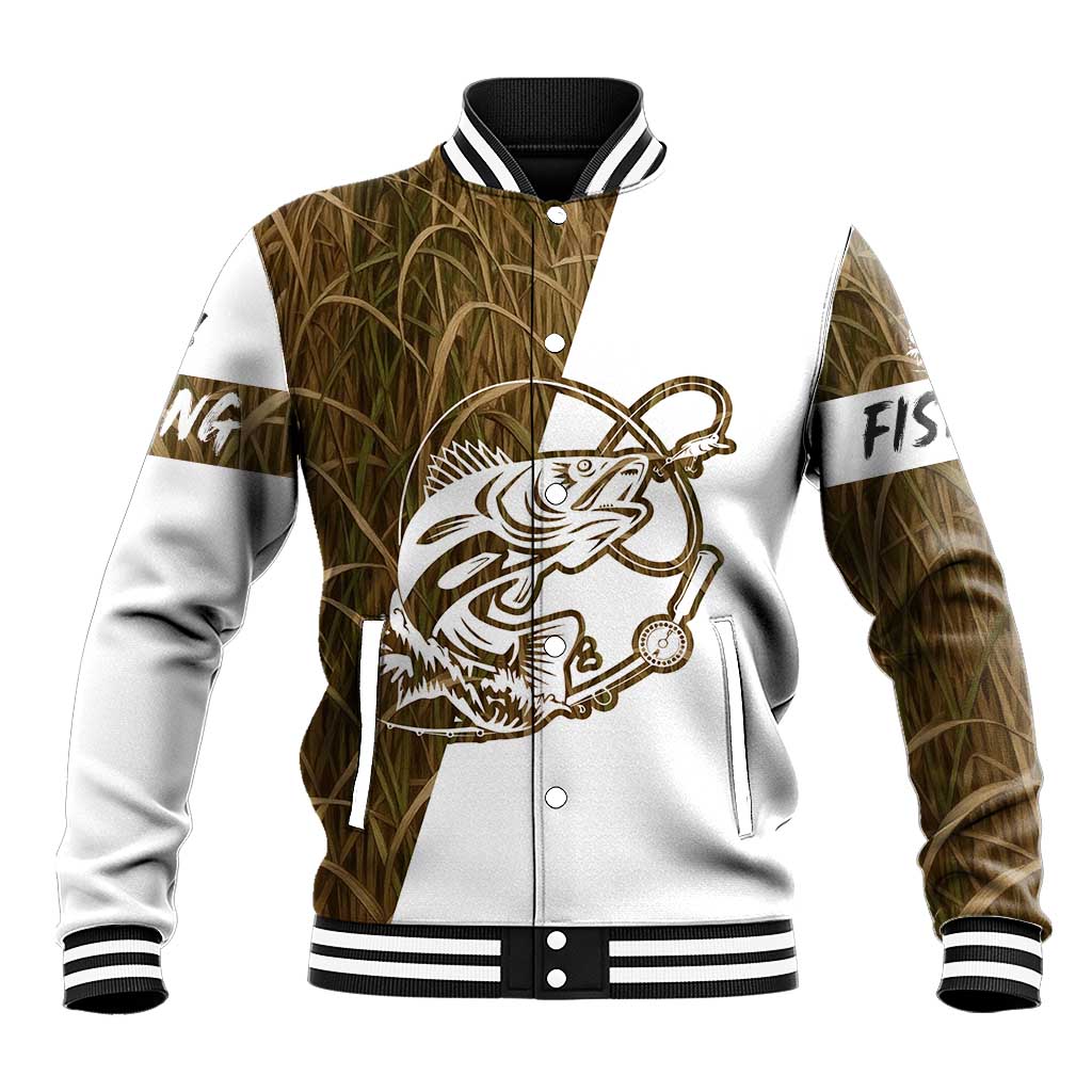 Walleye Fishing Baseball Jacket with Reeds Background and Custom Name Design - Wonder Print Shop