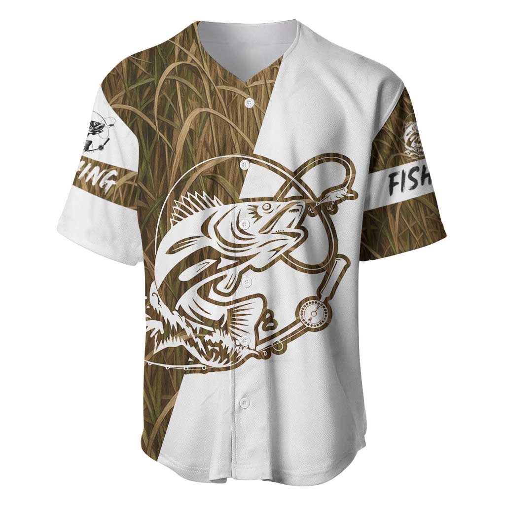 Walleye Fishing Baseball Jersey with Reeds Background and Custom Name Design - Wonder Print Shop