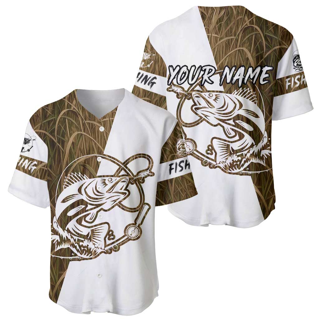 Walleye Fishing Baseball Jersey with Reeds Background and Custom Name Design - Wonder Print Shop