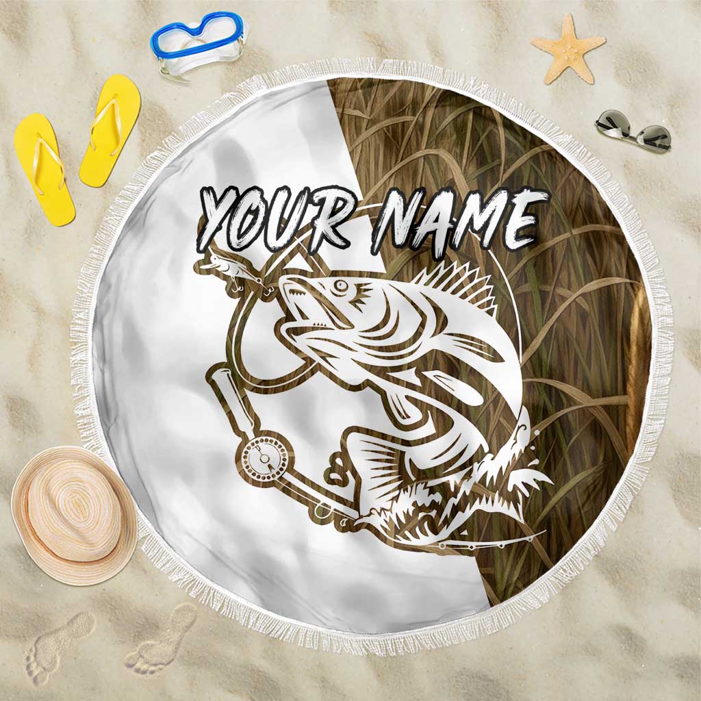 Walleye Fishing Beach Blanket with Reeds Background and Custom Name Design - Wonder Print Shop