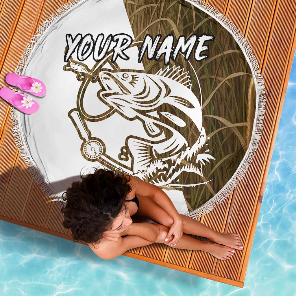 Walleye Fishing Beach Blanket with Reeds Background and Custom Name Design - Wonder Print Shop