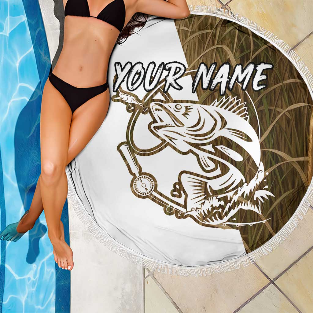Walleye Fishing Beach Blanket with Reeds Background and Custom Name Design - Wonder Print Shop