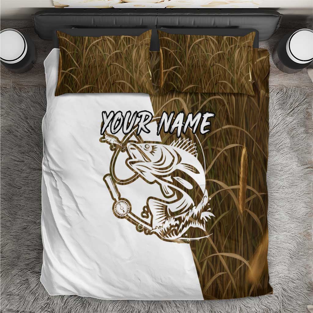 Walleye Fishing Bedding Set with Reeds Background and Custom Name Design - Wonder Print Shop