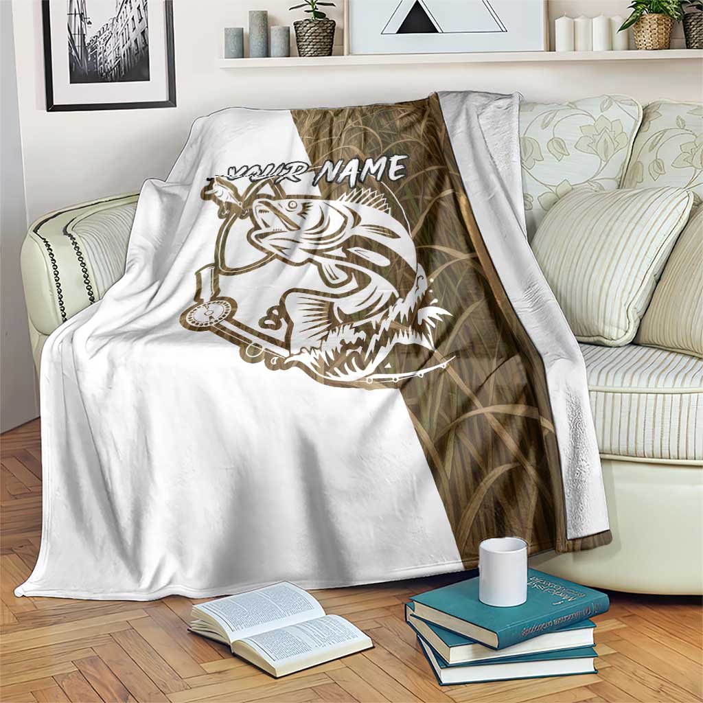 Walleye Fishing Blanket with Reeds Background and Custom Name Design - Wonder Print Shop
