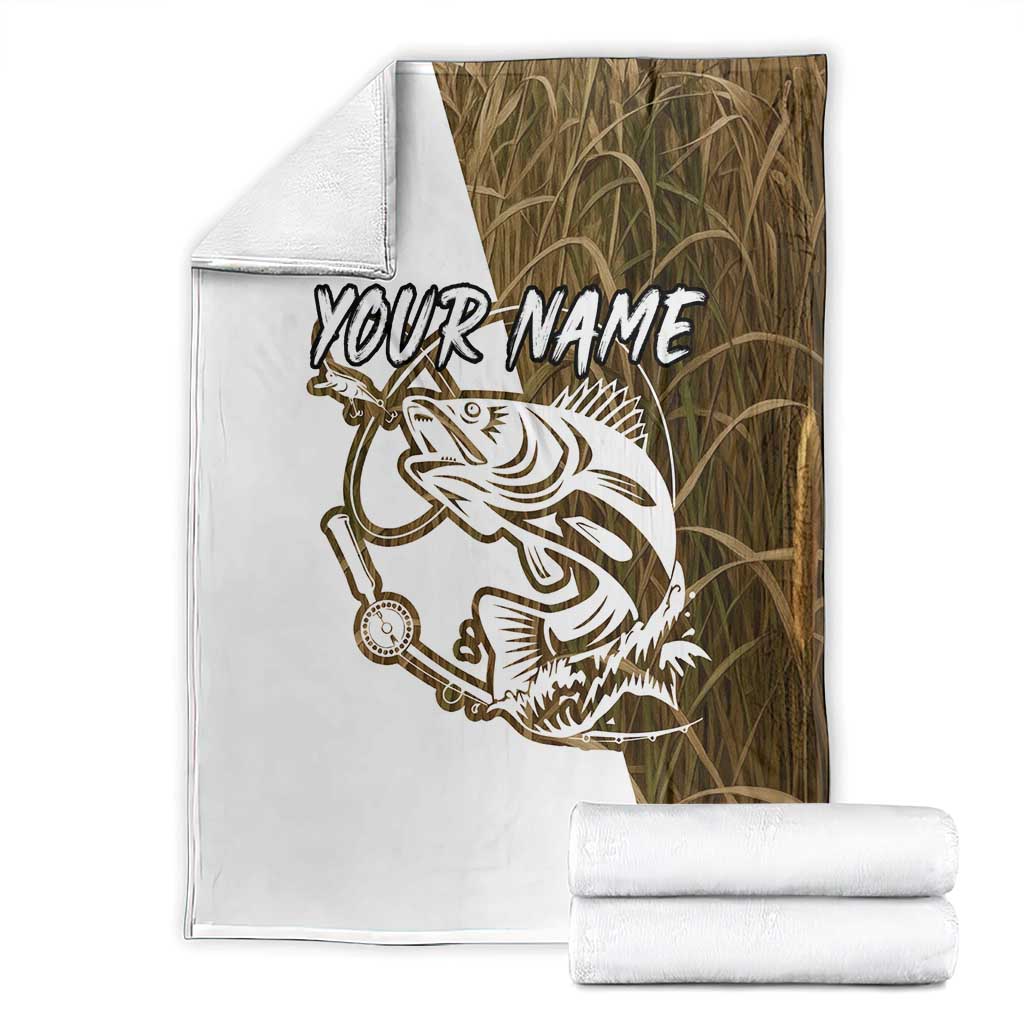 Walleye Fishing Blanket with Reeds Background and Custom Name Design - Wonder Print Shop