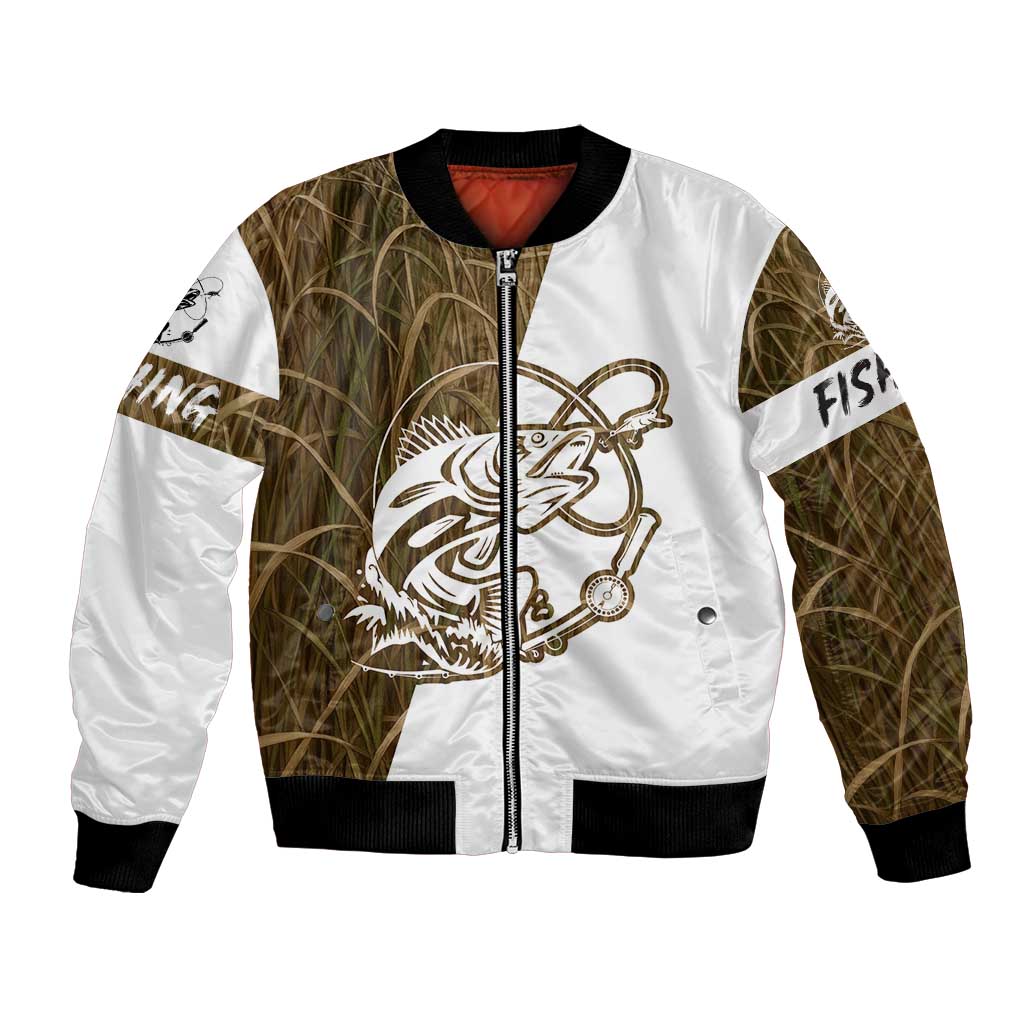 Walleye Fishing Bomber Jacket with Reeds Background and Custom Name Design - Wonder Print Shop