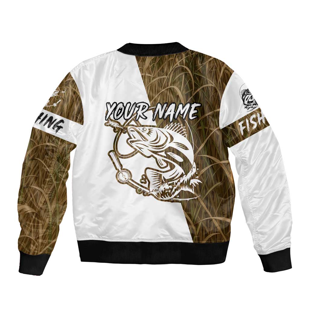 Walleye Fishing Bomber Jacket with Reeds Background and Custom Name Design - Wonder Print Shop