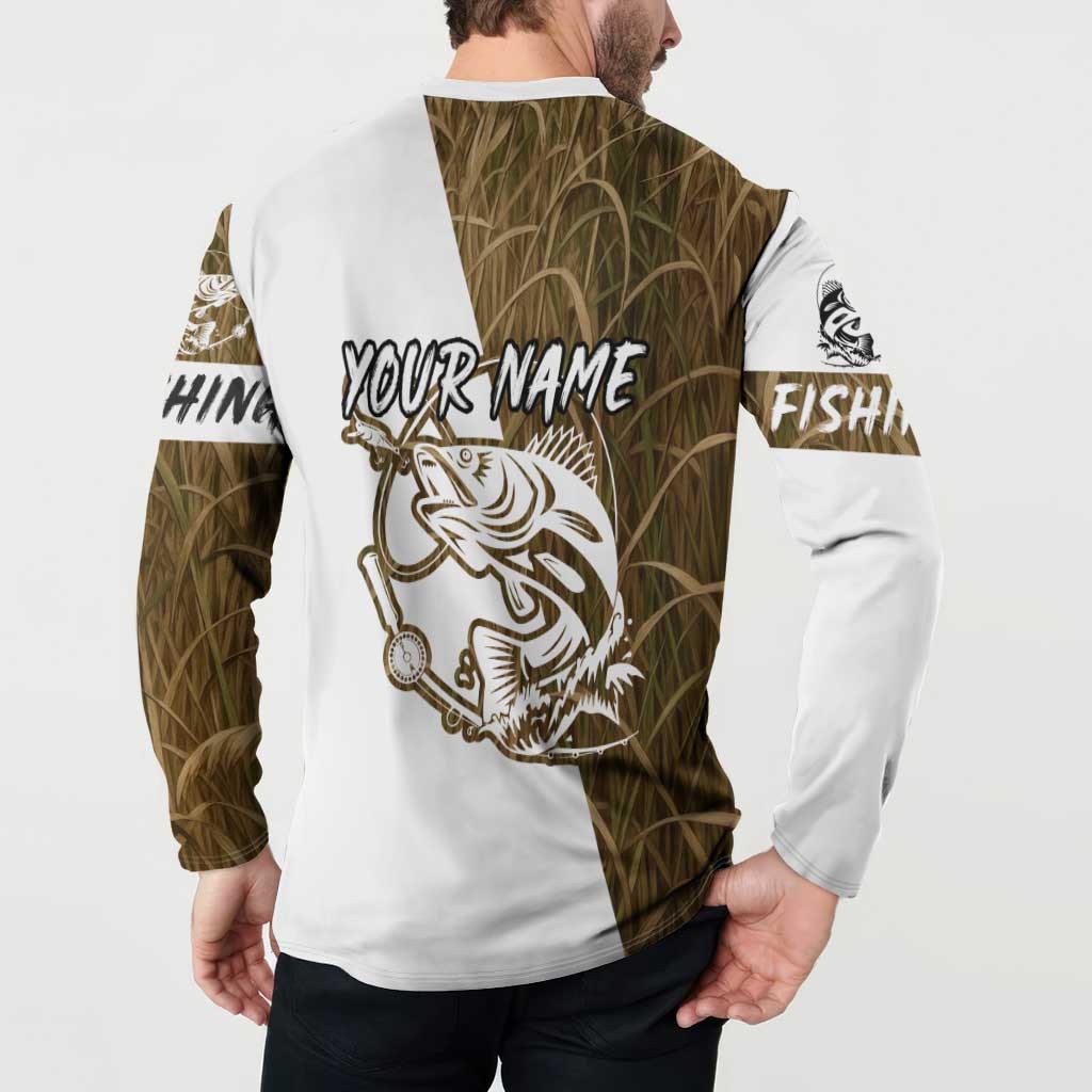 Walleye Fishing Button Sweatshirt with Reeds Background and Custom Name Design - Wonder Print Shop