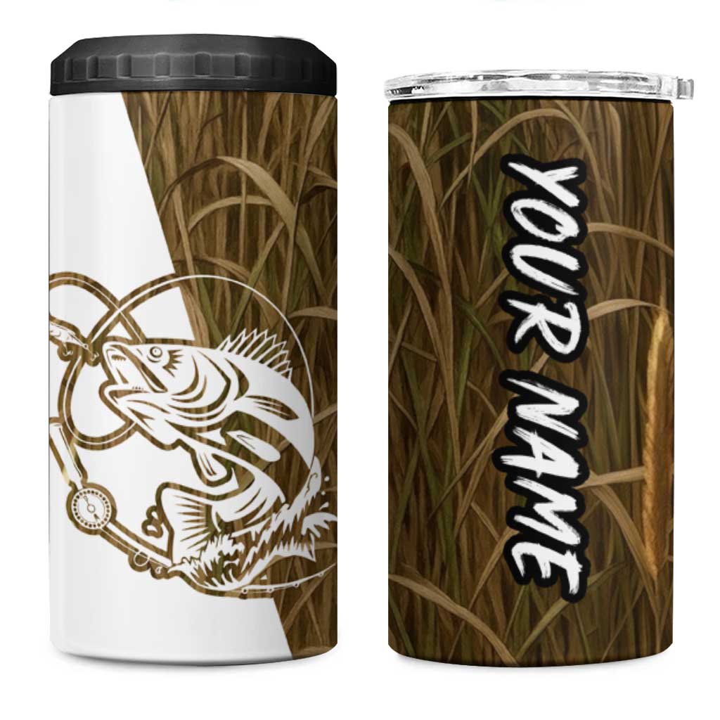 Walleye Fishing 4 in 1 Can Cooler Tumbler with Reeds Background and Custom Name Design - Wonder Print Shop