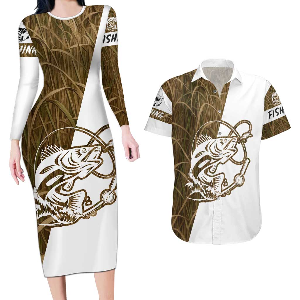 Walleye Fishing Couples Matching Long Sleeve Bodycon Dress and Hawaiian Shirt with Reeds Background and Custom Name Design - Wonder Print Shop