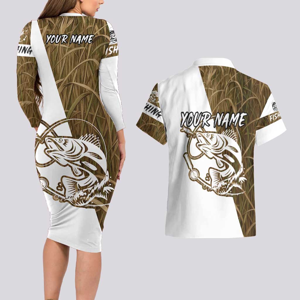 Walleye Fishing Couples Matching Long Sleeve Bodycon Dress and Hawaiian Shirt with Reeds Background and Custom Name Design - Wonder Print Shop