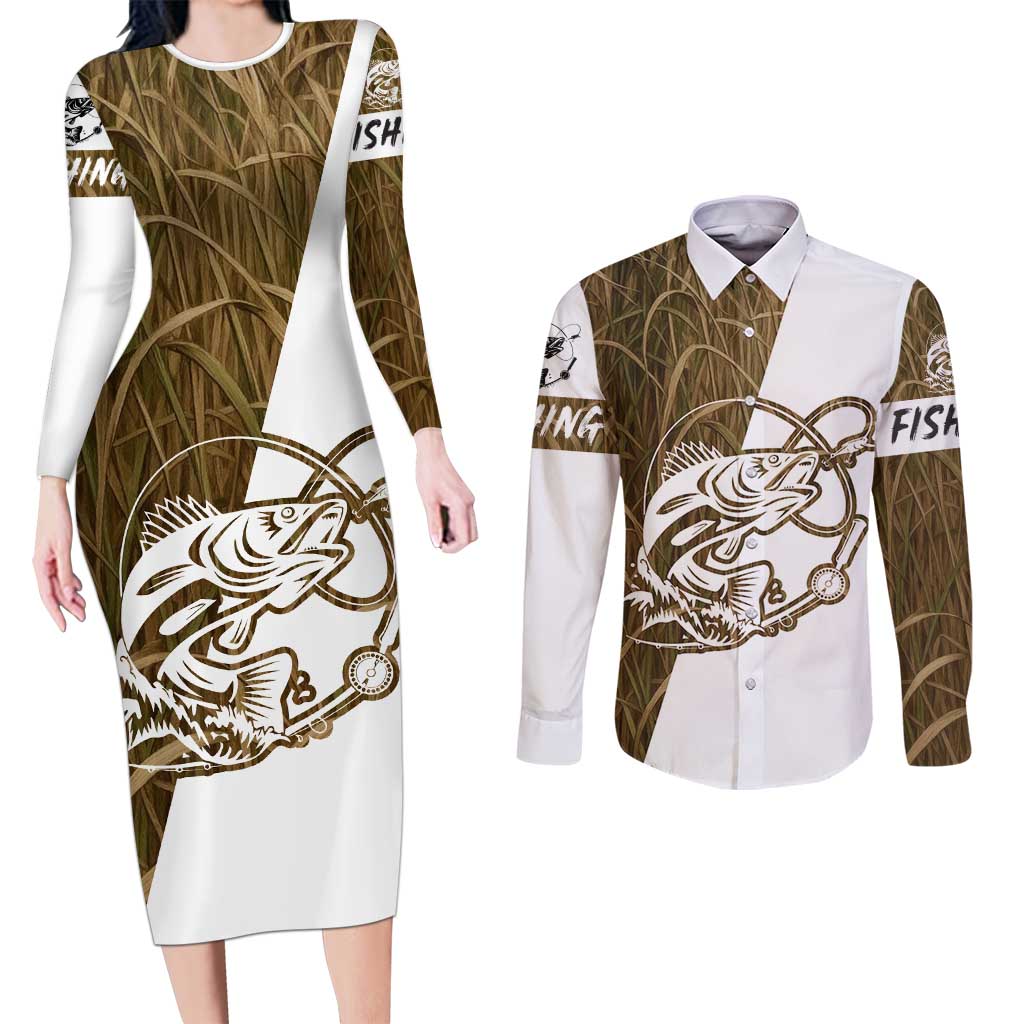 Walleye Fishing Couples Matching Long Sleeve Bodycon Dress and Long Sleeve Button Shirt with Reeds Background and Custom Name Design - Wonder Print Shop
