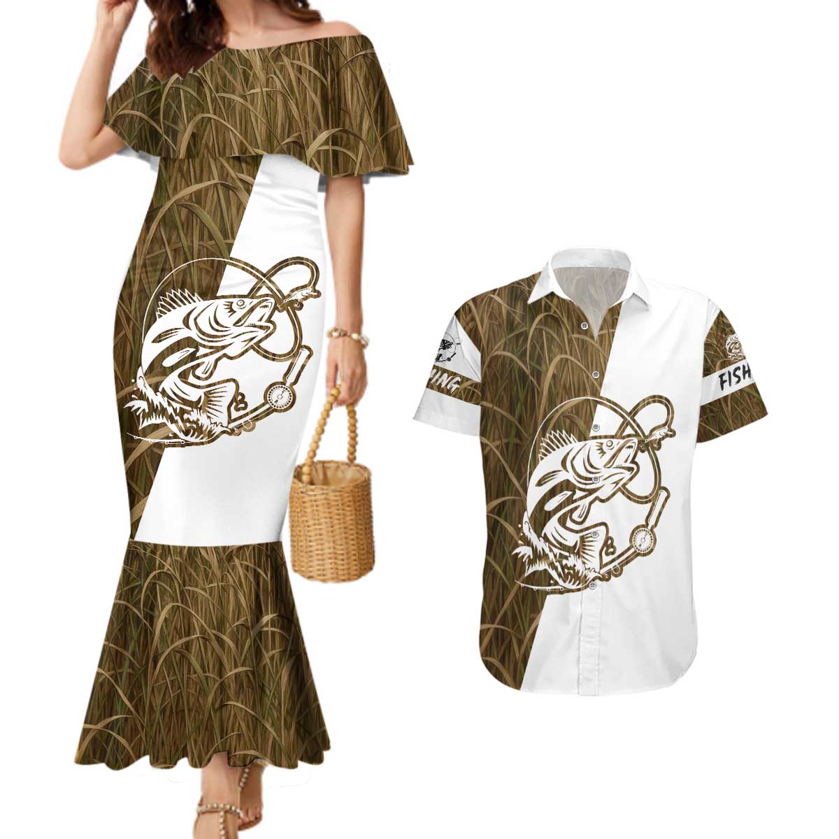 Walleye Fishing Couples Matching Mermaid Dress and Hawaiian Shirt with Reeds Background and Custom Name Design - Wonder Print Shop