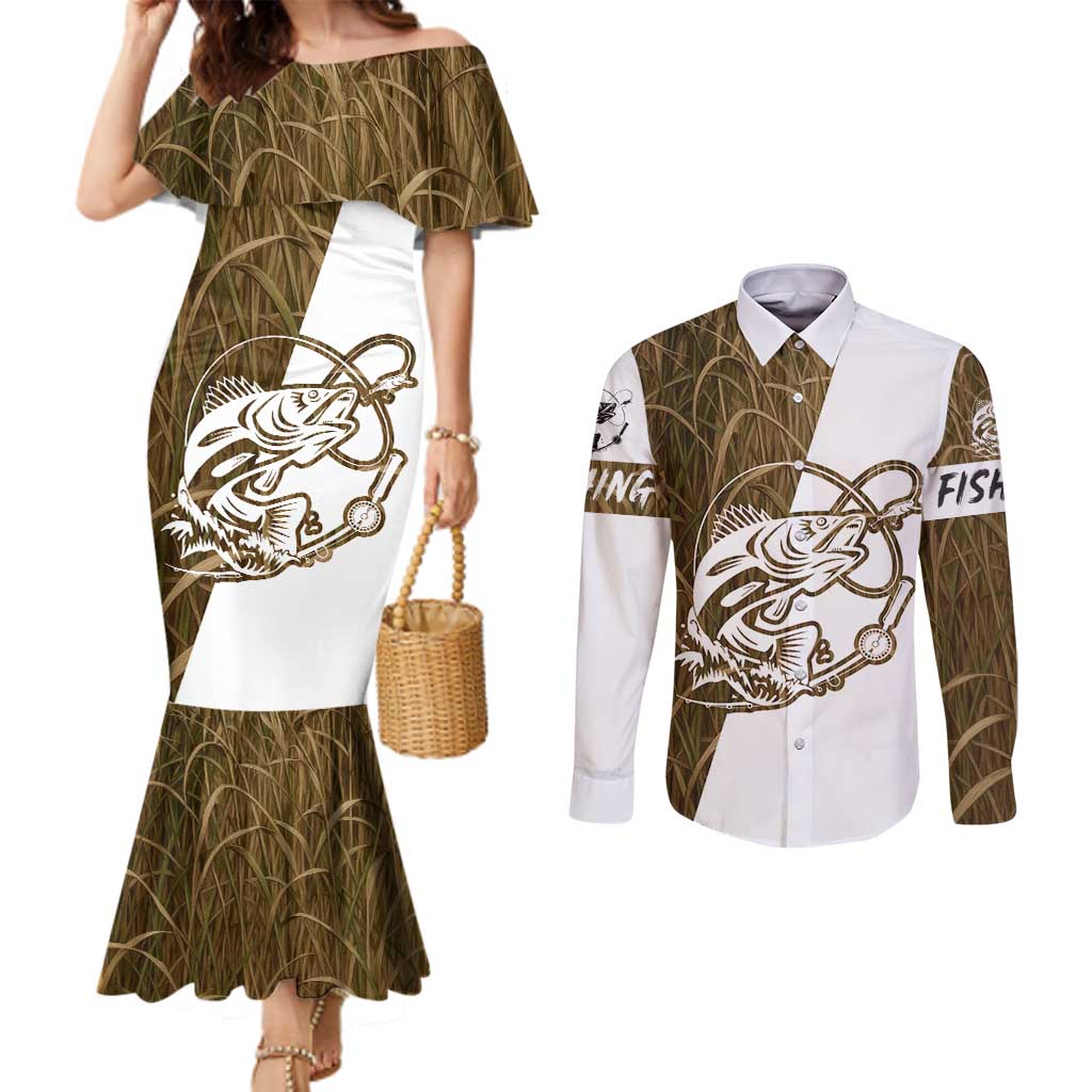 Walleye Fishing Couples Matching Mermaid Dress and Long Sleeve Button Shirt with Reeds Background and Custom Name Design - Wonder Print Shop