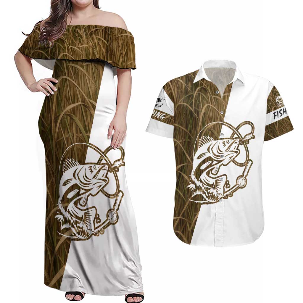 Walleye Fishing Couples Matching Off Shoulder Maxi Dress and Hawaiian Shirt with Reeds Background and Custom Name Design - Wonder Print Shop