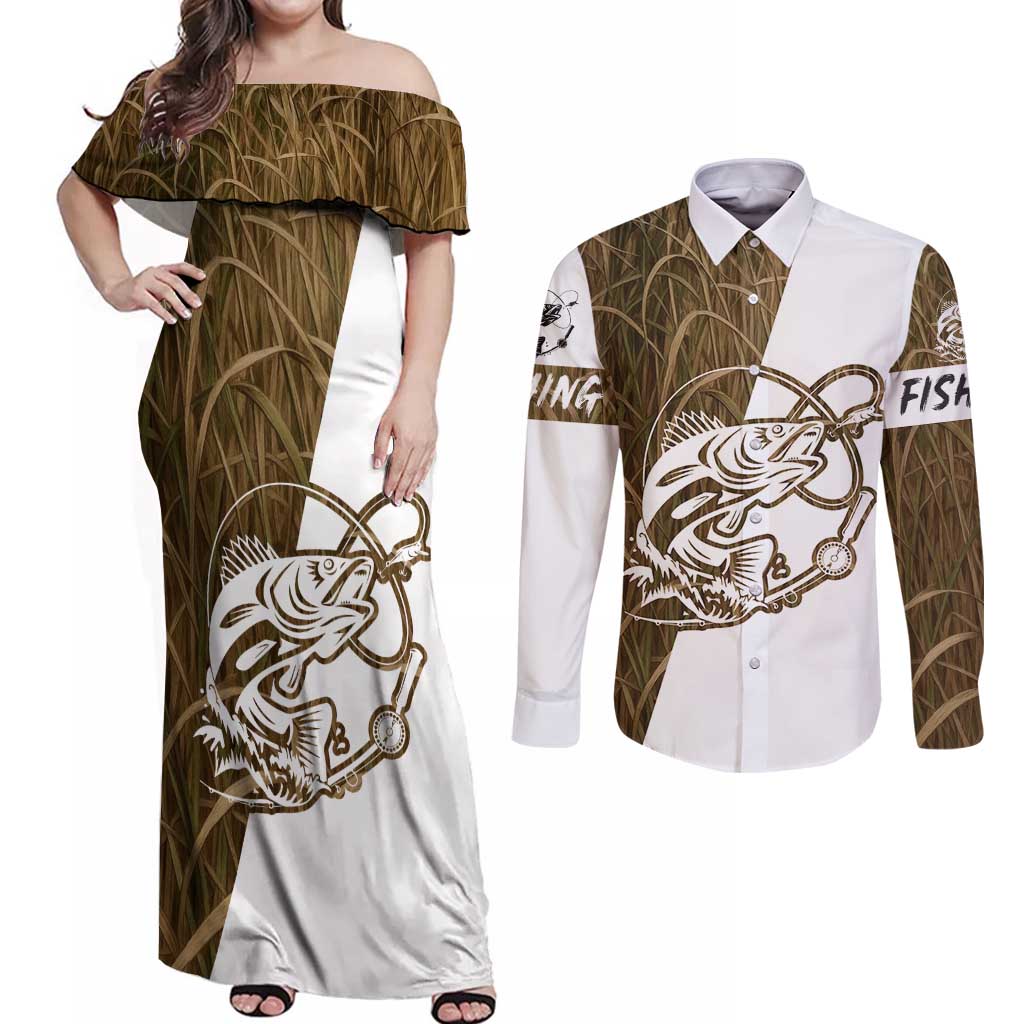 Walleye Fishing Couples Matching Off Shoulder Maxi Dress and Long Sleeve Button Shirt with Reeds Background and Custom Name Design - Wonder Print Shop