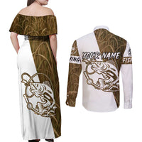 Walleye Fishing Couples Matching Off Shoulder Maxi Dress and Long Sleeve Button Shirt with Reeds Background and Custom Name Design - Wonder Print Shop