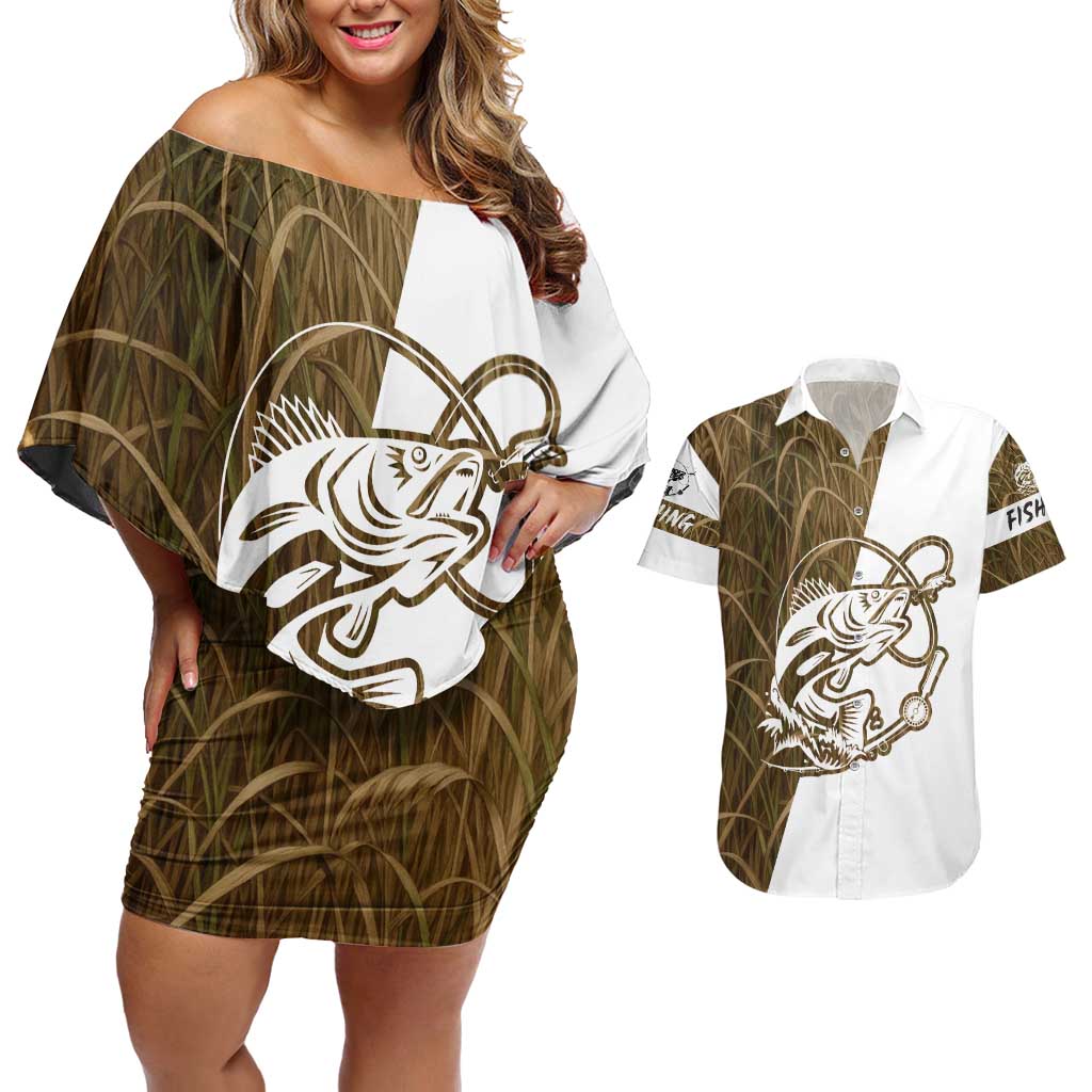 Walleye Fishing Couples Matching Off Shoulder Short Dress and Hawaiian Shirt with Reeds Background and Custom Name Design - Wonder Print Shop