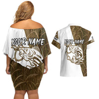 Walleye Fishing Couples Matching Off Shoulder Short Dress and Hawaiian Shirt with Reeds Background and Custom Name Design - Wonder Print Shop