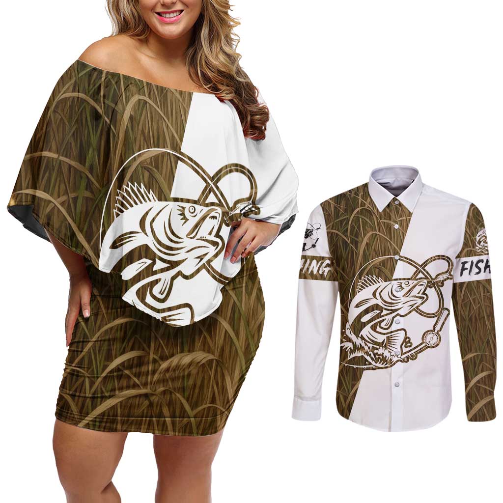 Walleye Fishing Couples Matching Off Shoulder Short Dress and Long Sleeve Button Shirt with Reeds Background and Custom Name Design - Wonder Print Shop